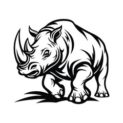 Monochrome Silhouette Rhinoceros Walking with Detailed Horns and Textured Skin