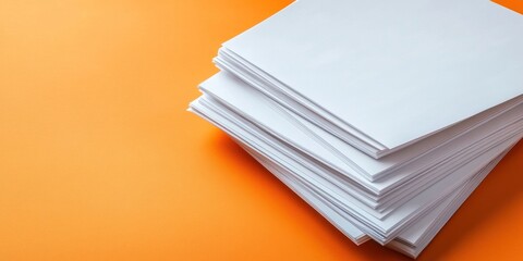 Stack of Blank White Papers on Orange Background