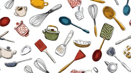 Hand-Drawn Kitchen Tools Array with Doodles and Enhanced Colors