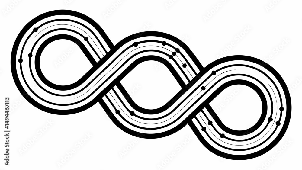 Poster black and white infinity symbol with lines and dots creating a flowing and interconnected design ele