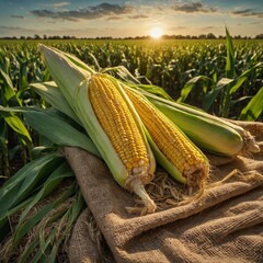 "Fresh corn on the cob with husks partially peeled back, resting on a burlap sack with a background of green cornfield, early morning sunlight, photorealistic textures"