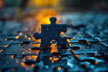 Close-up of a puzzle piece in rain with vibrant lighting effects at dusk.