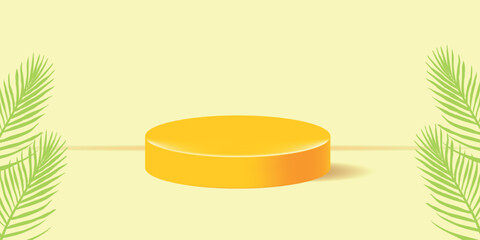 Podium for summer sale. Realistic background with yellow platform and tropical leaves. Vector illustration