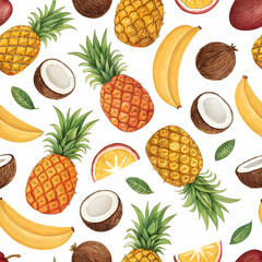 Tropical Fruit Seamless Pattern: Pineapples, Bananas, Coconuts - Download Now!