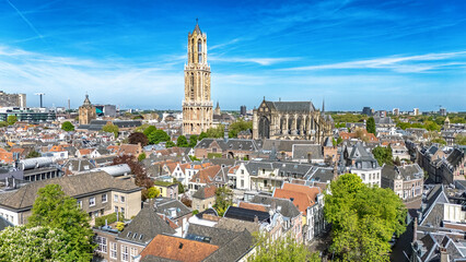 Utrecht town аerial drone view from above, typical Dutch city skyline, Utrecht cityscape with tower, canals and houses, Holland, Netherlands