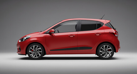 Side view of a red hatchback car with black accents and alloy wheels on a gray background studio shot