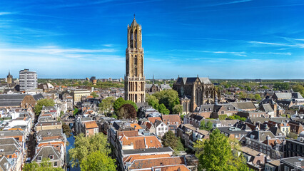 Utrecht town аerial drone view from above, typical Dutch city skyline, Utrecht cityscape with tower, canals and houses, Holland, Netherlands