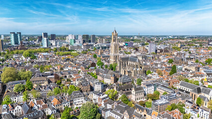 Utrecht town аerial drone view from above, typical Dutch city skyline, Utrecht cityscape with tower, canals and houses, Holland, Netherlands