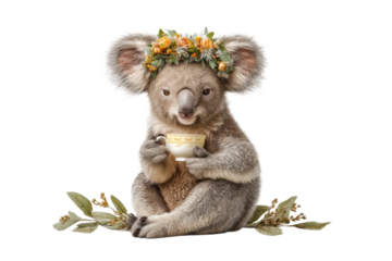PNG Adorable koala with floral crown enjoying tea
