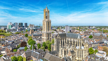 Utrecht town аerial drone view from above, typical Dutch city skyline, Utrecht cityscape with tower, canals and houses, Holland, Netherlands