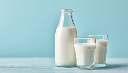 Fresh milk in a glass bottle and two glasses