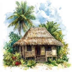 Tropical Hut Surrounded by Lush Greenery and Palm Trees in Paradise