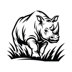 Monochrome Rhino Walking Through Grass, Strong Silhouette, Wildlife Art