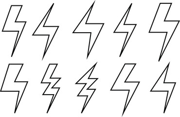 set of black outline lightning bolt vector illustration.