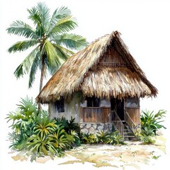 Tranquil Tropical Hut Surrounded by Lush Greenery and Palm Trees