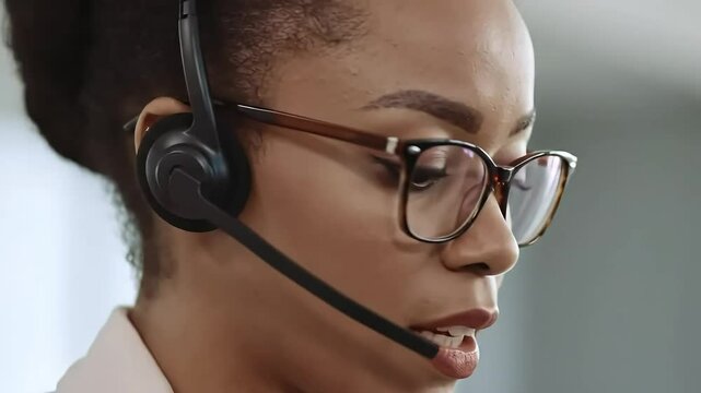 A close-up of a woman wearing a headset, engaged in a conversation.