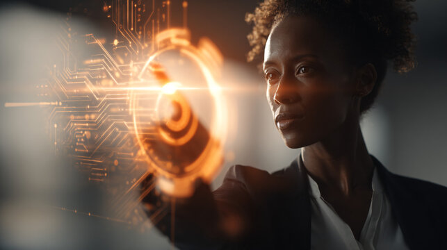 Focused businesswoman interacting with orange digital circuit HUD interface in futuristic environment