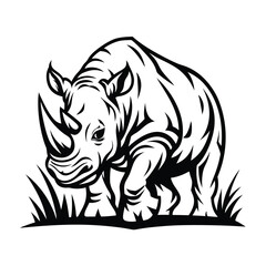 Strong Black and White Rhino with Horns Standing Proudly in Grass Field Silhouette