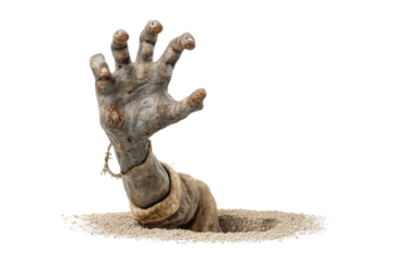 PNG Zombie hand emerging from grave: halloween horror concept