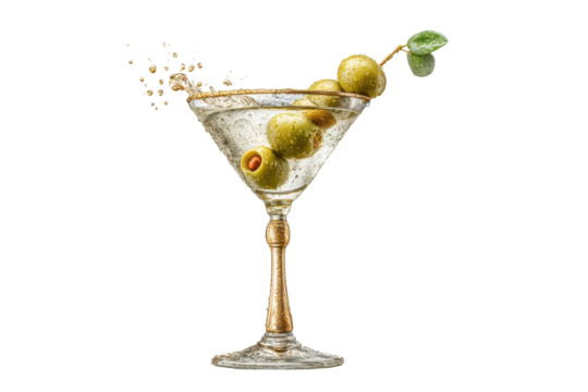 PNG Classic martini with green olives and splash on black background