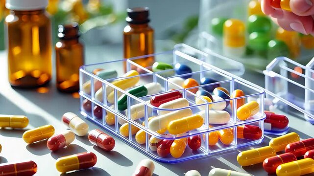 Assorted colorful capsules and pills organized in weekly medicine box with amber bottles and scattered supplements on bright surface

