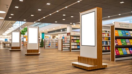 Modern bookstore interior with blank advertising displays offering excellent space for marketing campaigns and promotions.