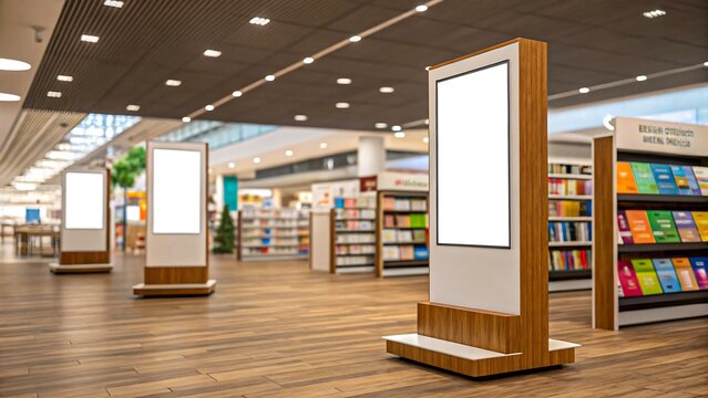 Modern bookstore interior with blank advertising displays offering excellent space for marketing campaigns and promotions.