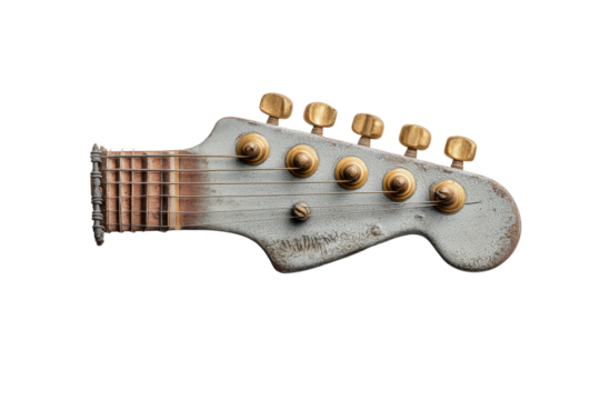 PNG Vintage guitar headstock with six strings and golden tuners on black background