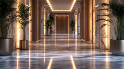 Elegant hallway with marble walls and lush greenery.