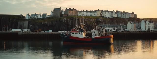 Naklejka premium Boat at Eilean Donan Castle, Scotland, at sunset.