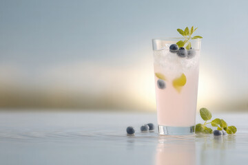refreshing blueberry express cocktail served on light table surrounded by tropical elements