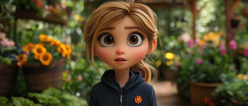 A young girl with large eyes and rosy cheeks looks concerned amidst a vibrant garden backdrop