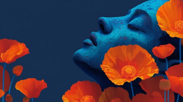 Abstract 2D vector art of Hypnos with poppies, minimalist Greek god of sleep