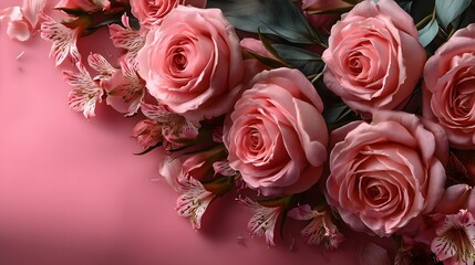 Obraz premium Pastel pink roses flat lay bright pink background floral art