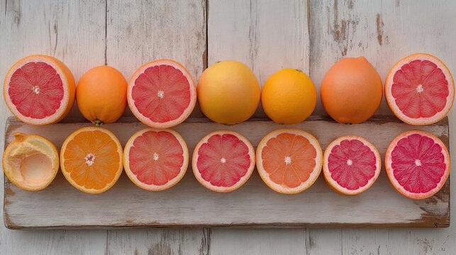 Arrangement of sliced grapefruit halves on a wooden board. - Powered by Adobe