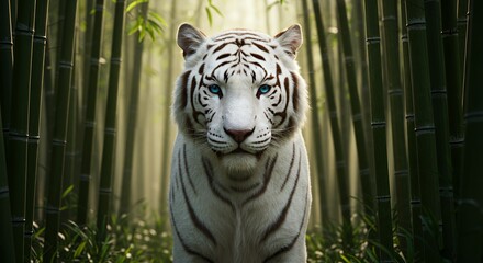Majestic White Tiger in Bamboo Forest