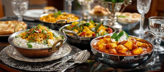 Vibrant Indian Dishes Arranged Elegantly on Dark Table Setting