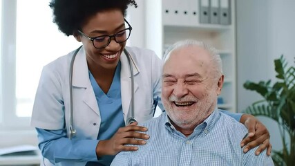 A smiling doctor interacts with an elderly patient in a healthcare setting.