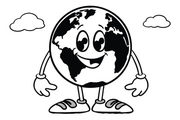 Naklejka premium Cartoon Earth Character with Shoes, Smile, Clouds, Black and White Outlined Mascot