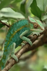 木の枝に止まるカメレオン