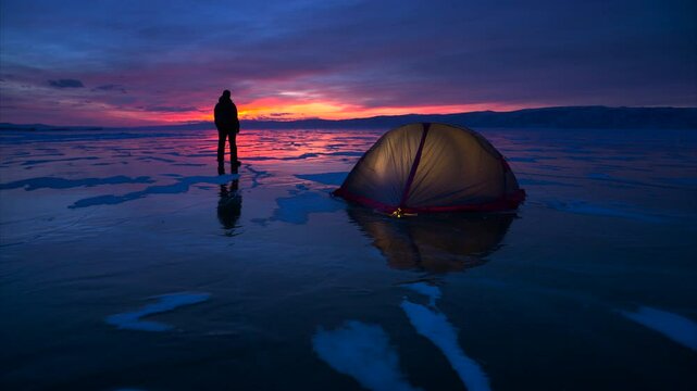 Hiker man go out from illuminated tent on ice surface of frozen lake, twilight