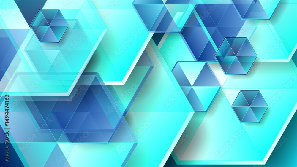 Aufkleber Light blue geometric tech background with glossy hexagons