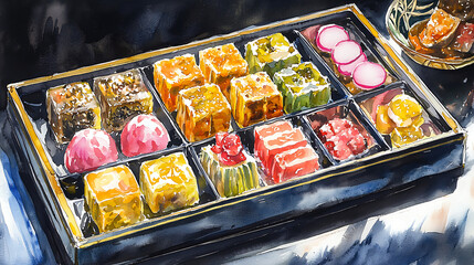 Fototapeta premium a beautifully arranged bento box or hwamiga, filled with various colorful and artfully prepared dishes, showcasing Korean culinary artistry.