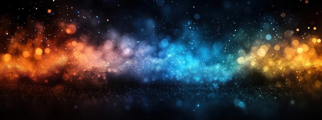 Fototapeta premium Golden and blue sparkling nebula, cosmic dust, vibrant light.
