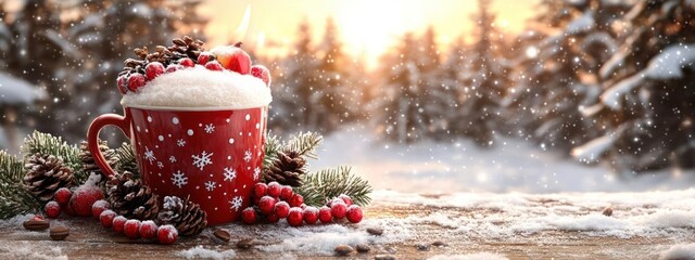 Cozy winter mug with pinecones and snow.