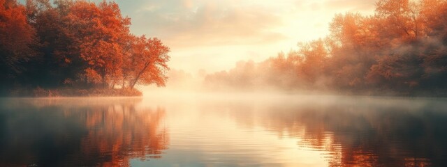 Naklejka premium Autumn river shrouded in morning mist, golden light.