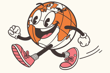 Cartoon Globe Character Running, World with Face, Orange Landmasses, Retro, Vintage Style