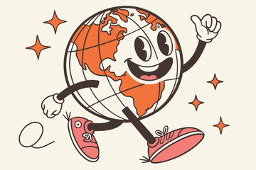 Cartoon World Globe Character Running with Smile, Retro Style, Hands Up, Isolated, Orange
