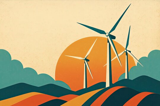 Wind turbines farm at beautiful orange sunset. illustration style