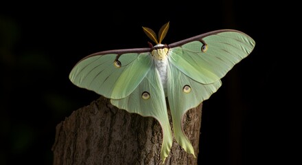 Luna Moth on Tree Stump: A Nighttime Marvel